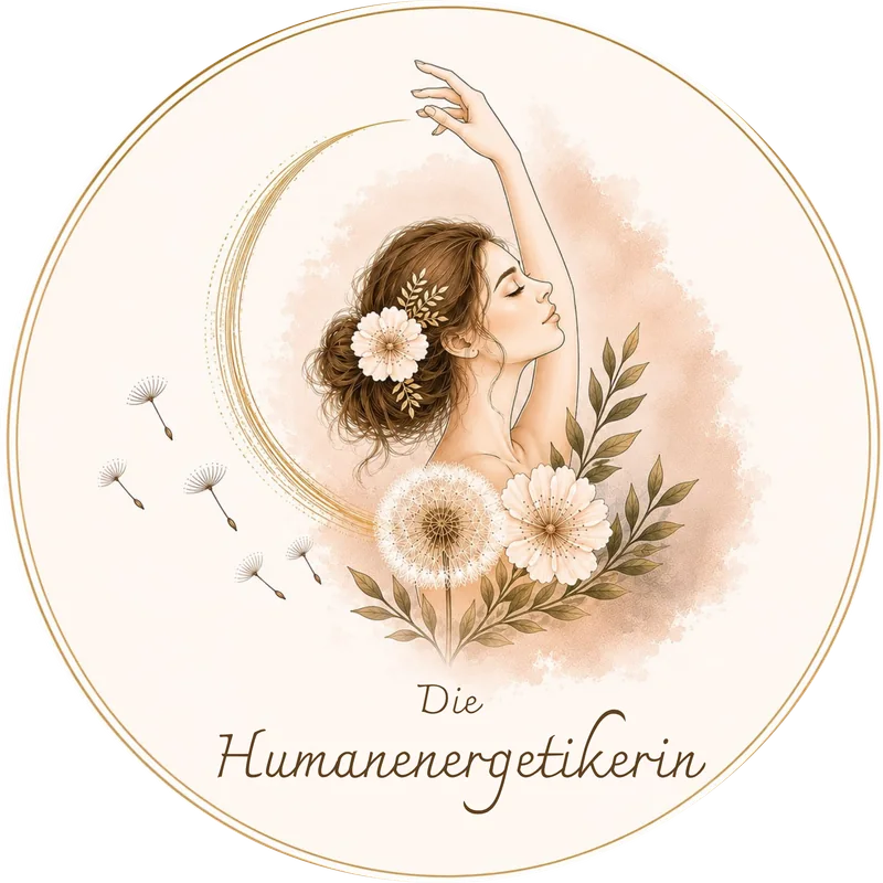 Logo Die Humanenergetikerin – Frau mit Pusteblume, Blüten und goldenem Kreis